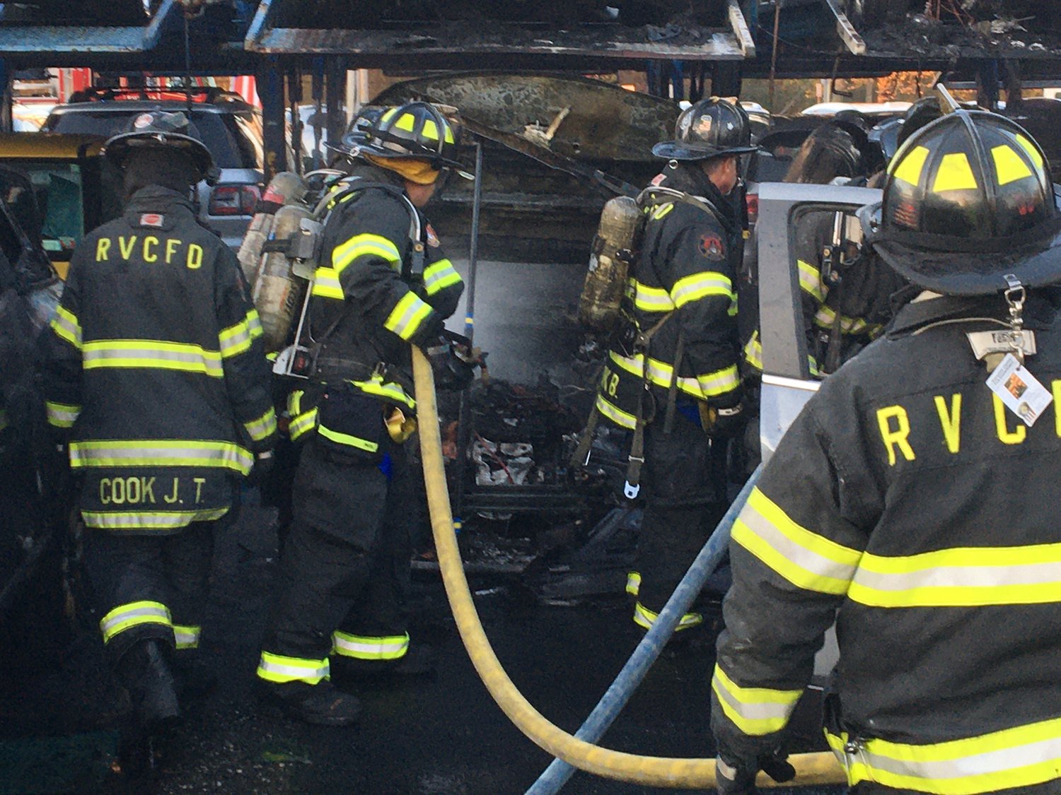 Rockville Centre Fire Department fights car fires at auto dealership